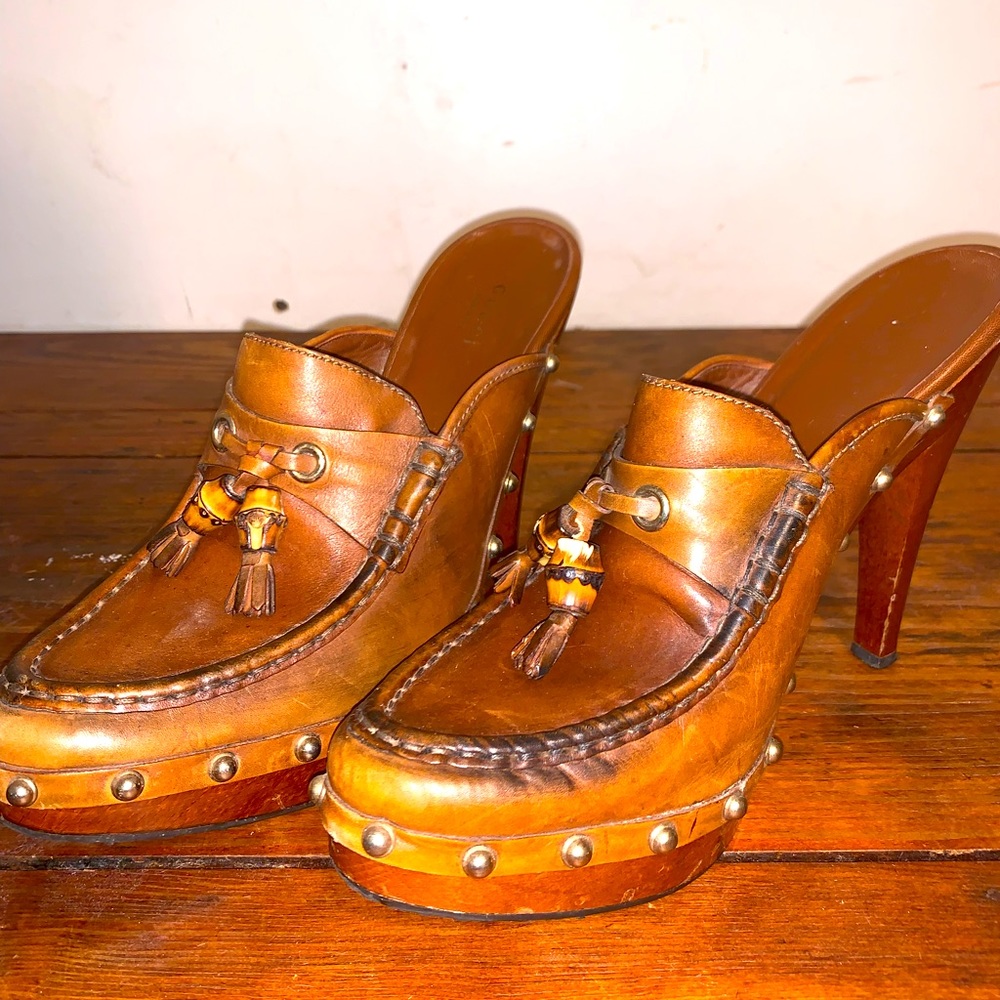 Gucci Brown Leather Mules with Metallic Studs